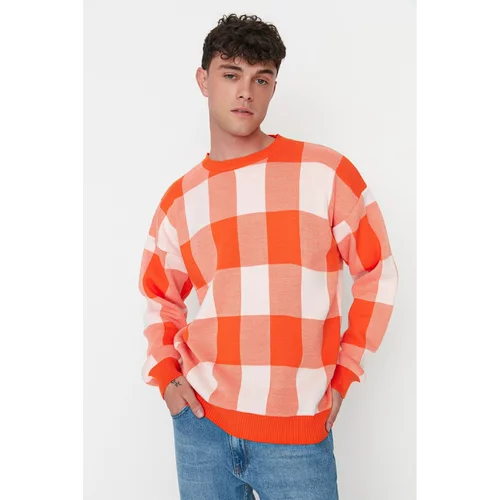 Trendyol Orange Men's Oversize Fit Wide Fit Crew Neck Checked Patterned Knitwear Sweater
