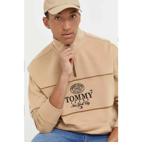 Tommy Jeans Pamučna dukserica za muškarce, boja: bež, s aplikacijom
