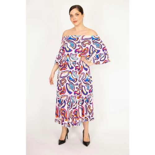Şans Women's Saks Plus Size Woven Viscose Fabric Collar Elastic Sleeve And Gathered Hem Dress