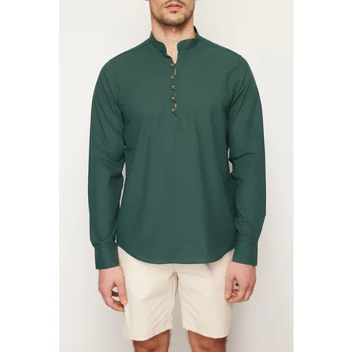 Trendyol Dark Green Slim Fit Half-Plack Magnetic Collar 100% Cotton Shirt