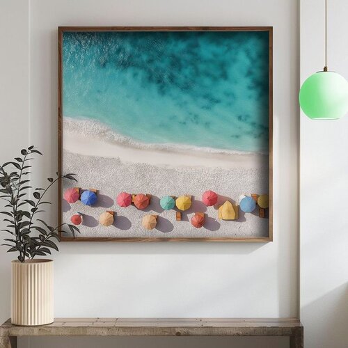 Wallxpert uramljena mdf slika DOS040-50, plaža sa šarenim suncobranima i tirkiznim morem iz ptičje perspektive, 50 x 50 cm Cene
