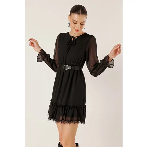 By Saygı Lace-up Collar, Belted Waist, Lined Skirt and Lace Chiffon Dress