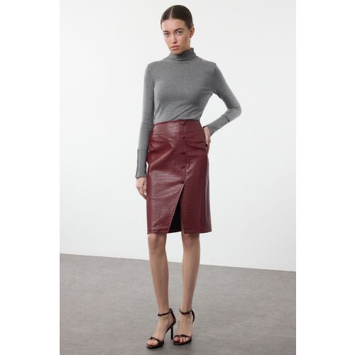 Trendyol Dark Red Limited Edition Faux Snakeskin Slit Detailed Midi Woven Skirt Slike