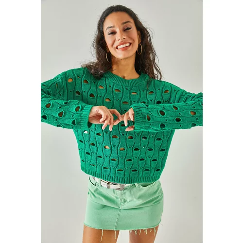Olalook Women's Grass Green Large Hole Knitwear Sweater