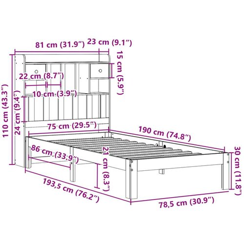  Krevet s regalom za knjige bez madraca bijeli 75x190cm borovina Slike