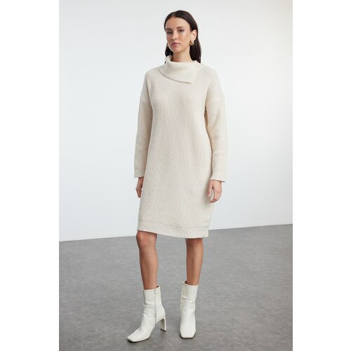 Trendyol Stone Mini Length Knitwear Soft Textured Turn-down Collar Dress Slike