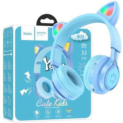 Hoco Bežične stereo slušalice, Bluetooth v5.3, 400mAh - W39 slušalice Mačje uši,Plave Slike