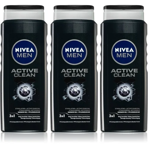 Nivea Men Active Clean gel za prhanje za moške 3 x 500 ml (ugodno pakiranje)