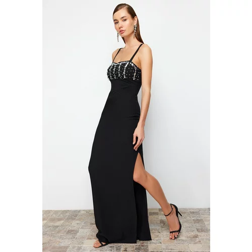 Trendyol Long Evening Dress with Black Jewelled Accessories