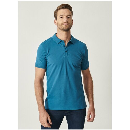ALTINYILDIZ CLASSICS Men's Aviator Blue 100% Cotton Roll-Up Collar Slim Fit Slim Fit Polo Neck Short Sleeved T-Shirt. Cene