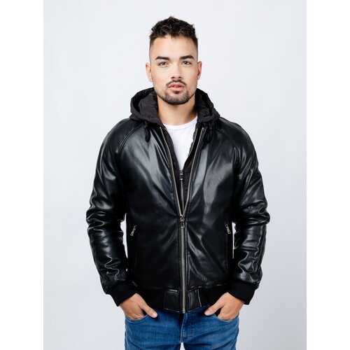 Glano Men&amp;#039;s Leatherette Hooded Jacket - Black Slike