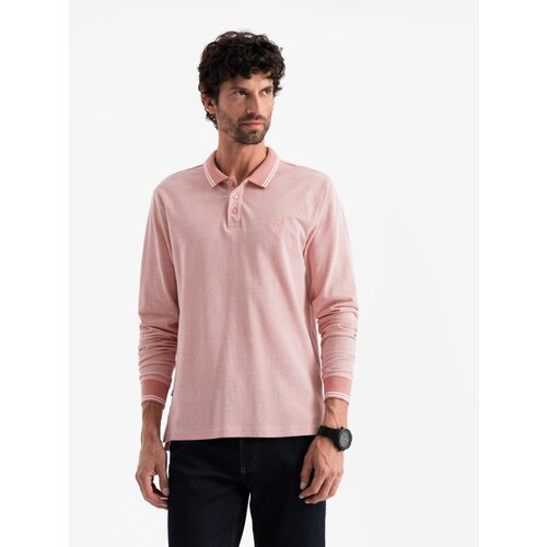 Ombre Men's melange polo longsleeve with embroidery - pink melange Slike