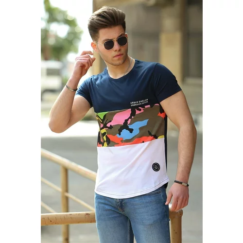 Madmext Camouflage Patterned Navy Blue T-Shirt 3003