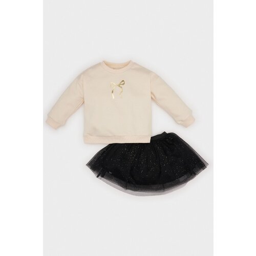 Defacto Baby Girl 2-Piece Set Crew Neck Shiny Printed Sweatshirt Tutu Skirt Slike