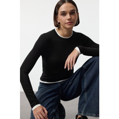 Trendyol Black Color Block Fitted/Body-Smoothing Viscose/Soft Fabric Flexible Knitted Blouse Slike