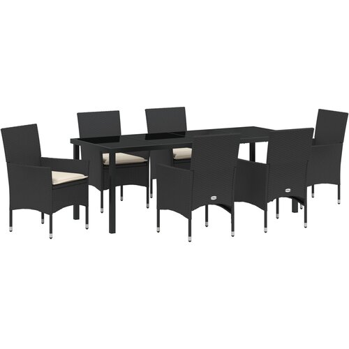 VidaXL 7-dijelni vrtni set za ručavanje s jastučićima crni poli ratan, Vrtni stol crni 200x80x73 cm kaljeno staklo Slike
