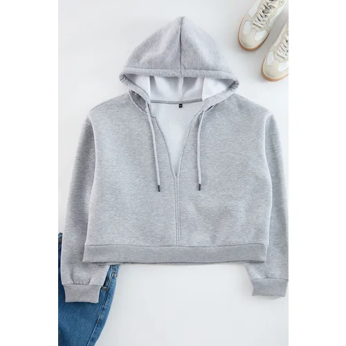 Trendyol Curve Grey Thick Polar Fleece Hooded V Neck Relaxed Cut Crop Knit Sweatshirt