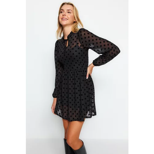 Trendyol Black Polka Dot Skater Long Sleeve Lined Tulle Mini Knitted Dress