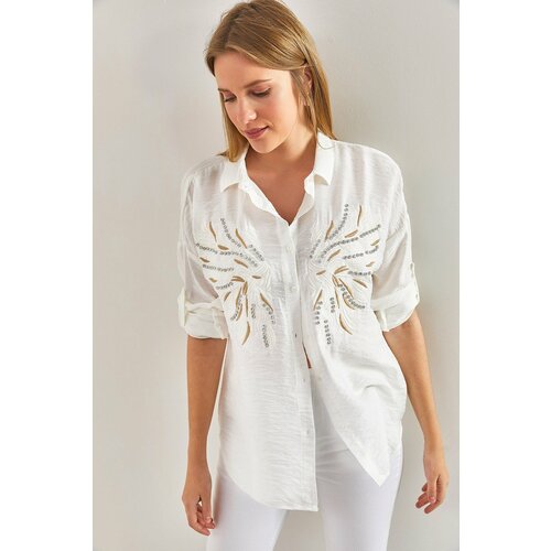 Bianco Lucci Women's Stone Embroidered Patterned Linen Ayrobin Shirt Slike