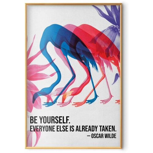  Plakat - Colorful Repetition - three flamingo silhouettes with an inspiring quote 60x90 Zlatni okvir Slike