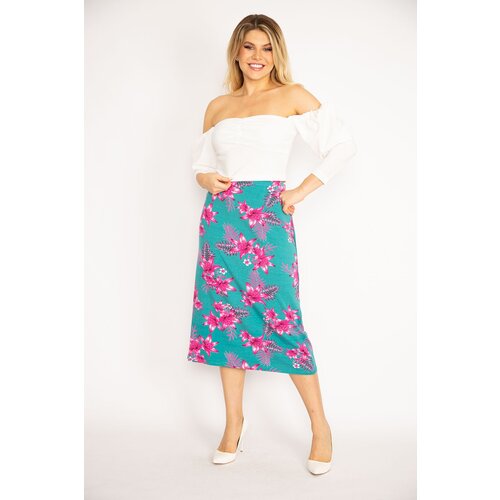 Şans Women's Plus Size Green Viscose Lycra Skirt with Elastic Waist Cene