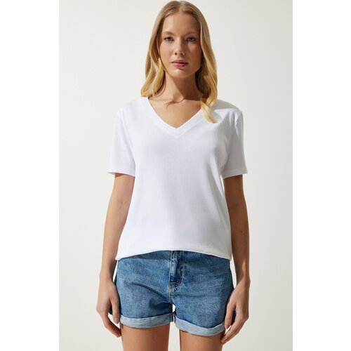 Happiness İstanbul Women's White V Neck Modal Knitted T-Shirt Slike