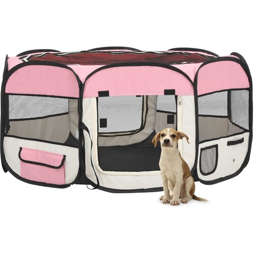 VidaXL Sklopiva ogradica za pse s torbom za no&amp;scaron;enje roza 145x145x61 cm Slike