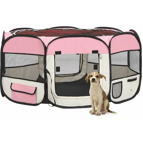 vidaXL Sklopiva ogradica za pse s torbom za nošenje roza 145x145x61 cm