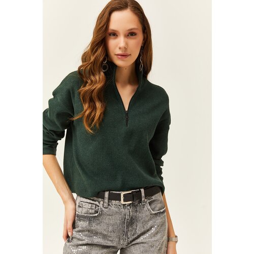 Olalook Women&amp;#039;s Emerald Green Zipper High Neck Raised Sweater Slike