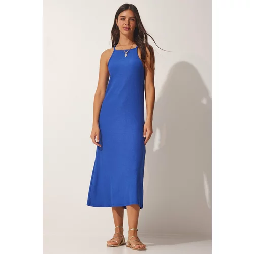 Happiness İstanbul Women's Blue Halter Long Knitted Summer Dress