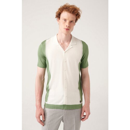 Avva men's aqua green cuban collar color blocked standard fit regular cut buttoned knitwear t-shirt Slike