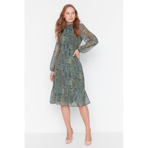 Trendyol Green Shawl Patterned Ruffle Dress Slike