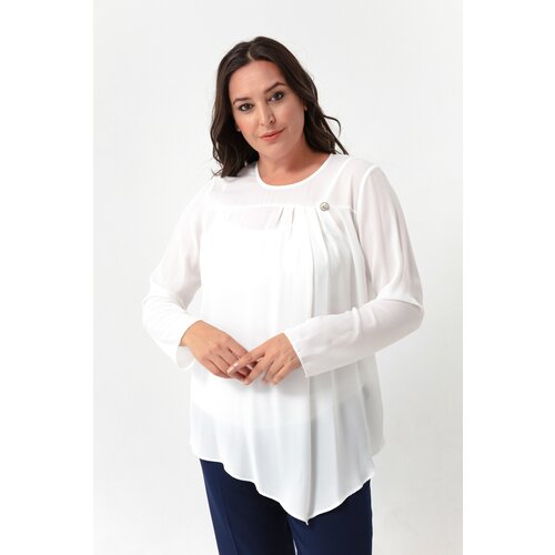 Lafaba Women's White Crew Neck Plus Size Blouse Slike