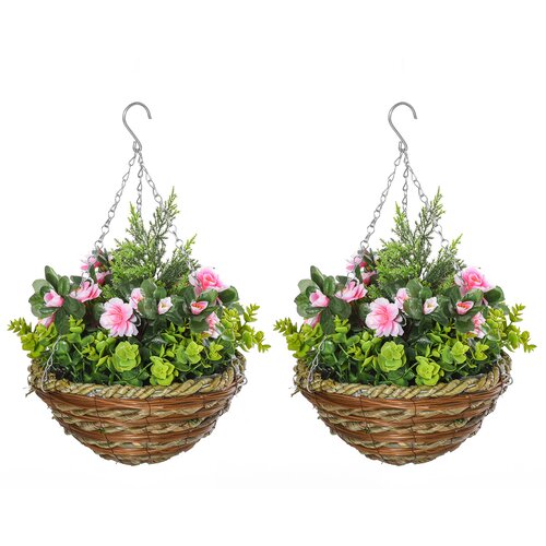 Outsunny Komplet 2 umetnih rastlin Lisianthus za obe&scaron;anje v zaprtih prostorih in na prostem z vazo iz protja in verigami, &Phi;25x34cm, roza in zelena, (20756658) Cene