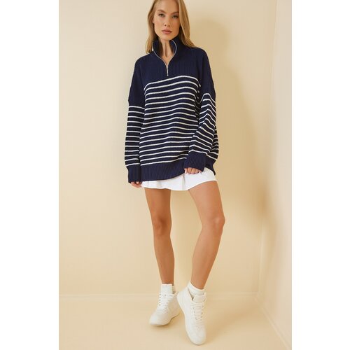 Happiness İstanbul Women's Navy Blue White Zippered Stand Up Collar Striped Oversize Sweater Cene