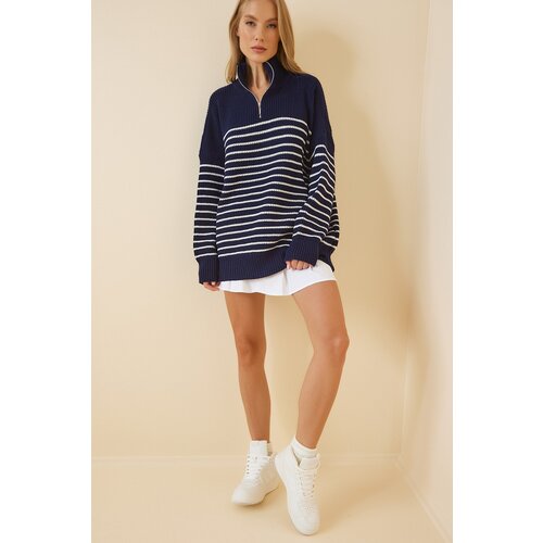  Women&amp;#039;s Navy Blue White Zippered Stand Up Collar Striped Oversize Sweater Slike