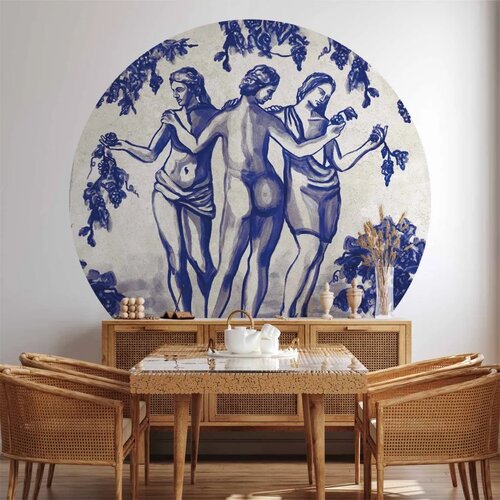  Okrugla fototapeta - Ancient vineyard - three women in a portal painted with blue ink 180x180 Cene