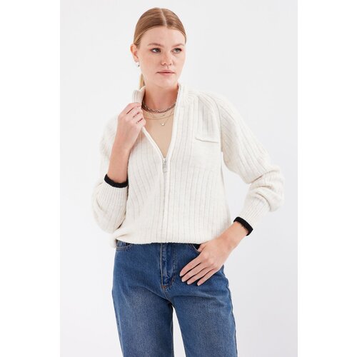 Bigdart 15863 Zippered Knitwear Cardigan - Ecru Cene