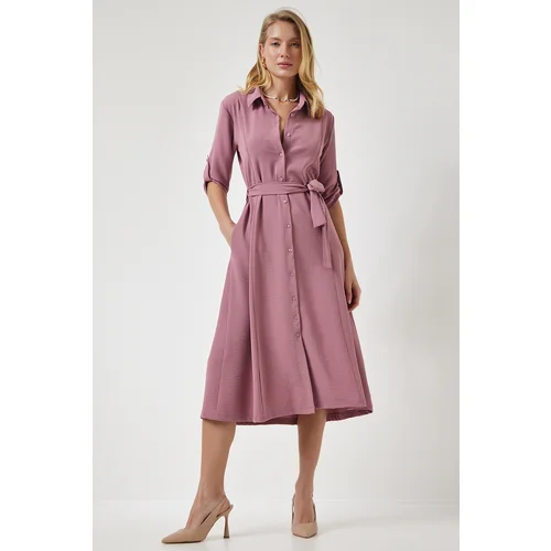  Women's Dusty Rose Belted Shirt Dress