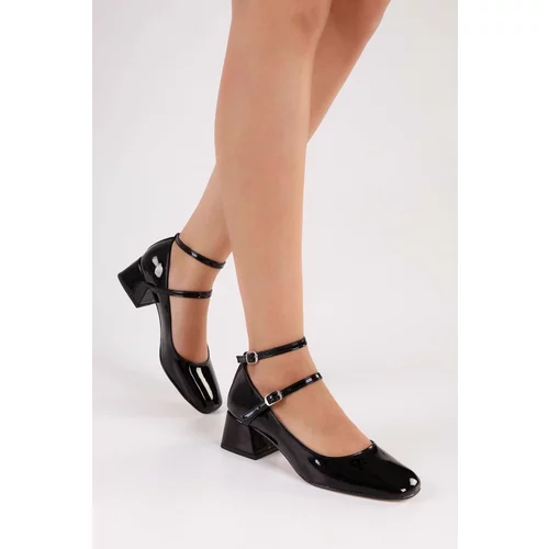 Shoeberry Women's Linnie Black Patent Leather Thick Heeled Shoes Black Patent Leather