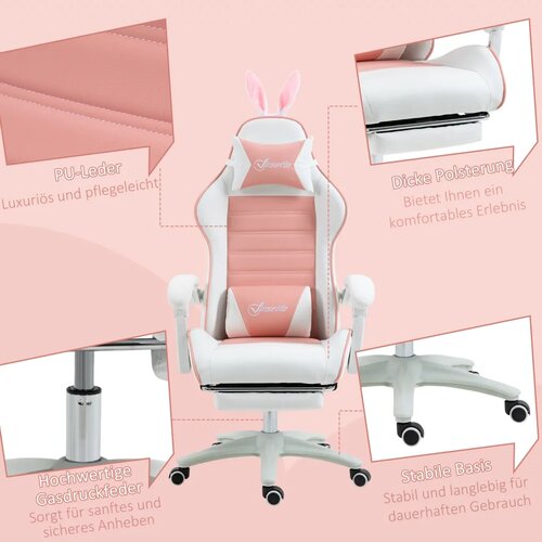  Ergonomska gamerska stolica s lumbalnom potporom osloncem za noge naslonom za glavu s u&amp;scaron;ima zeca roza Slike