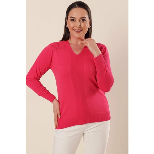 By Saygı V-Neck Hole Work Detailed Plus Size Acrylic Sweater Pink Slike