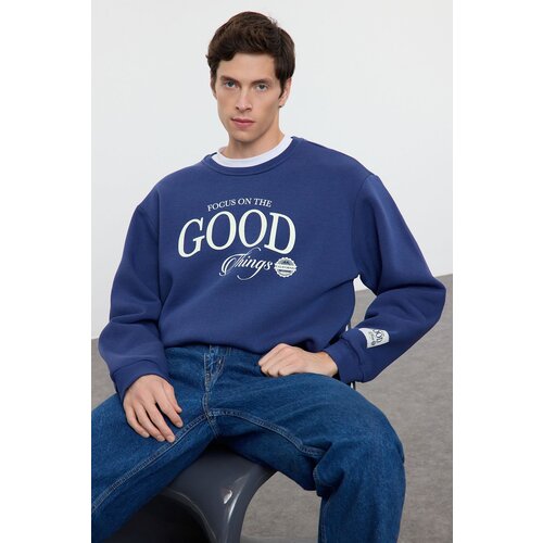 Trendyol Navy Blue Oversize/Wide Cut Polar Fleece Printed Sweatshirt Slike