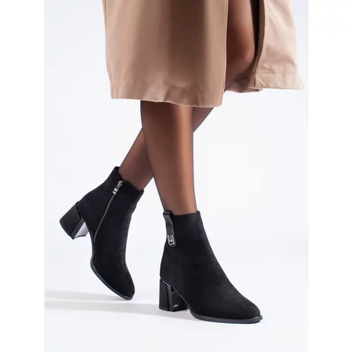 SHELOVET Black classic suede heeled ankle boots