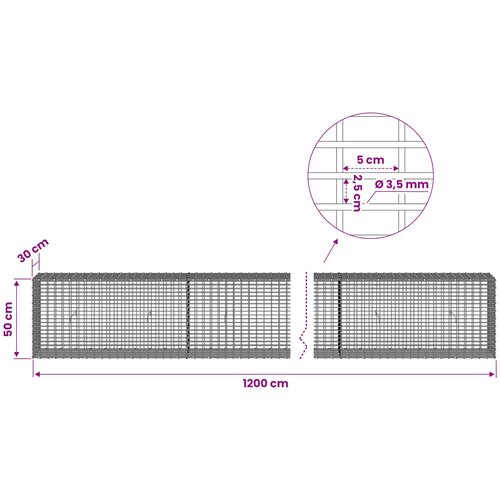  Gabion s žicom debljine 3,5 mm i mrežom 5x2,5 cm 1200x30x50 cm Slike