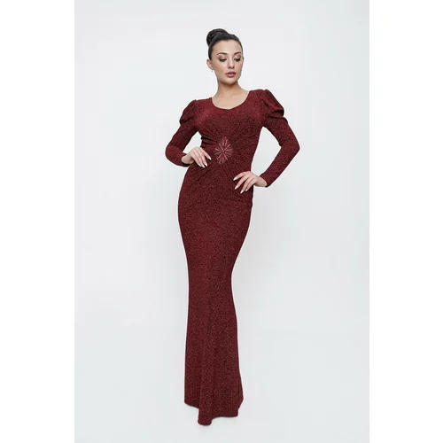 By Saygı Lined Long Sleeve Glittery Long Dress with a Checkered Waist Claret Red