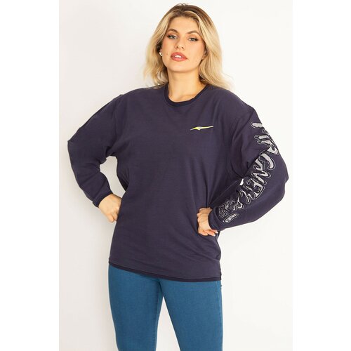 Şans Women's Plus Size Navy Blue Cotton Fabric Sleeve Appliqué Sweatshirt Slike