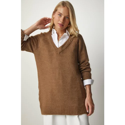 Happiness İstanbul Women's Brown V-Neck Loose Knitwear Sweater