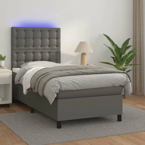  Box spring postelja z vzmetnico LED siv 90x190 cm umetno usnje