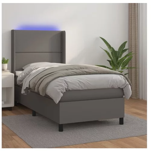  Box spring postelja z vzmetnico LED siva 90x200 cm umetno usnje